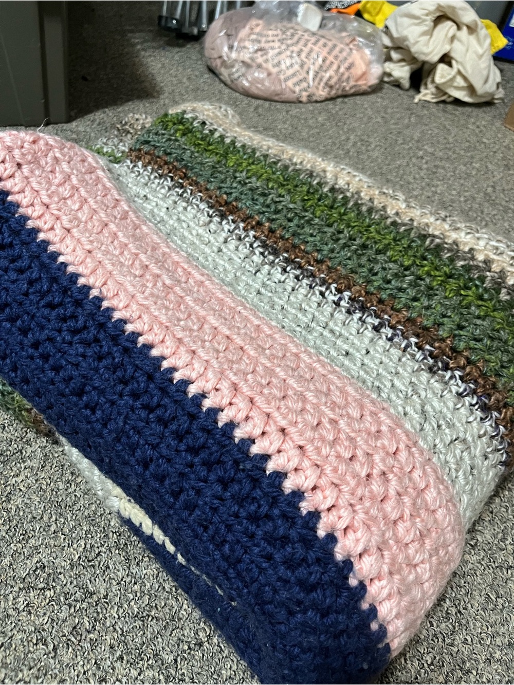 Handmade Big Thick Chunky Striped Crochet Blanket - Multicolor Neutral Rainbow - Picture 4 of 7